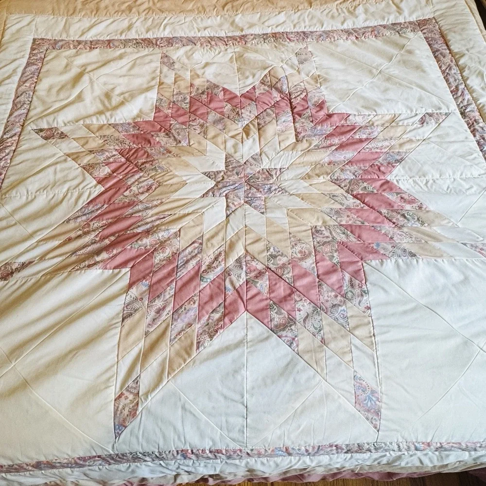 Handmade Vintage Pink White Star‎ Quilt Blanket Thick 110x96